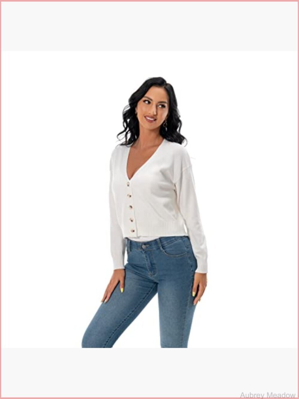 V Neck Long Sleeve Cropped Cardigan Sweater Button Down Knit Bolero Shrug - Picture 2 of 7
